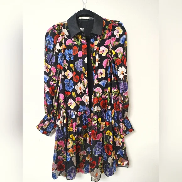 Alice + Olivia Multicolor Floral Long Sleeve BERTHA MINI SHIRT DRESS